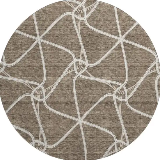 8' Brown And Ivory Geometric Washable Round Rug With UV Protection Photo 3