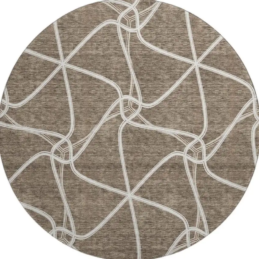 8' Brown And Ivory Geometric Washable Round Rug With UV Protection Photo 3