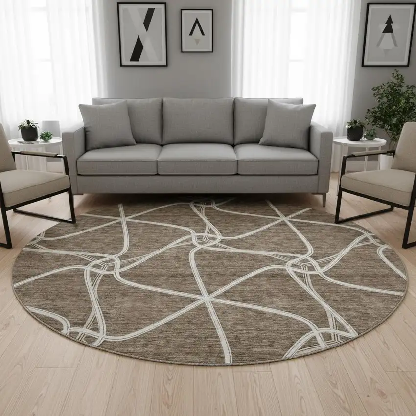 8' Brown And Ivory Geometric Washable Round Rug With UV Protection Photo 2