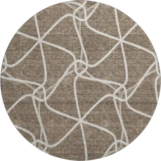 8' Brown And Ivory Geometric Washable Round Rug With UV Protection Photo 1