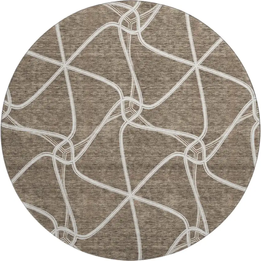 8' Brown And Ivory Geometric Washable Round Rug With UV Protection Photo 1