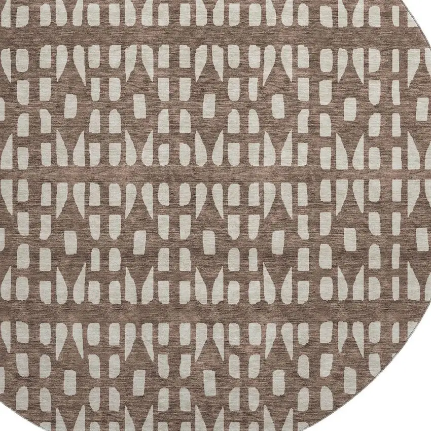 8' Brown And Ivory Geometric Washable Round Rug With UV Protection Photo 2
