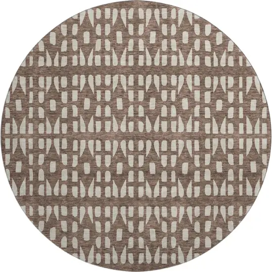 8' Brown And Ivory Geometric Washable Round Rug With UV Protection Photo 1