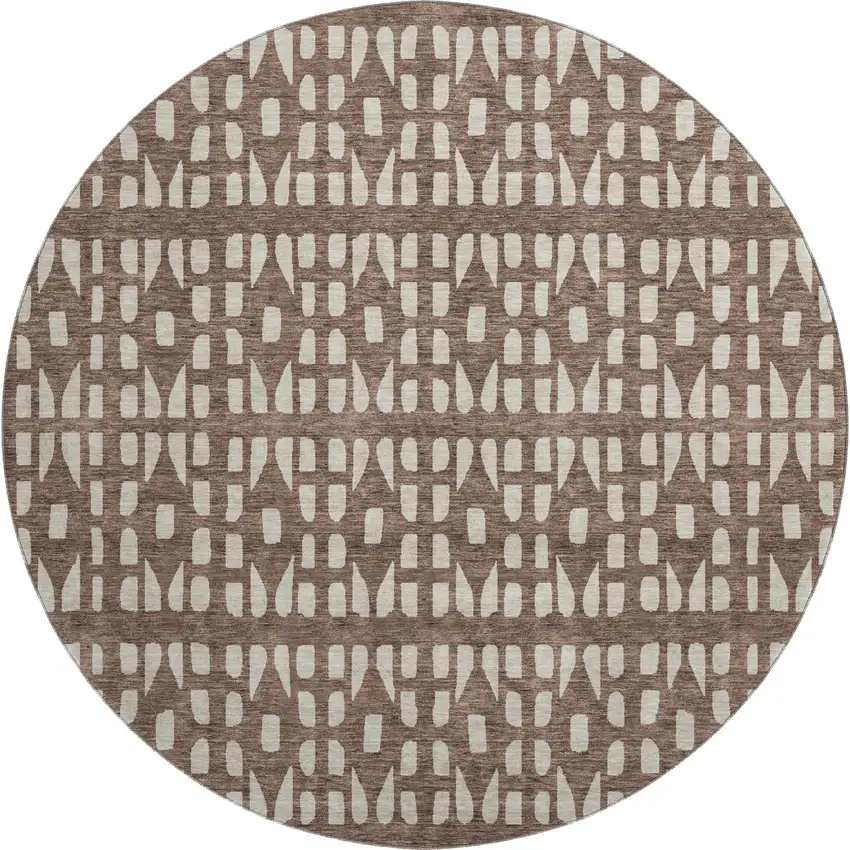 8' Brown And Ivory Geometric Washable Round Rug With UV Protection Photo 1