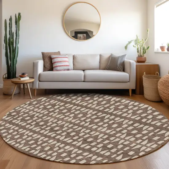 8' Brown And Ivory Geometric Washable Round Rug With UV Protection Photo 4