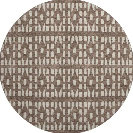 8' Brown And Ivory Geometric Washable Round Rug With UV Protection Photo 3