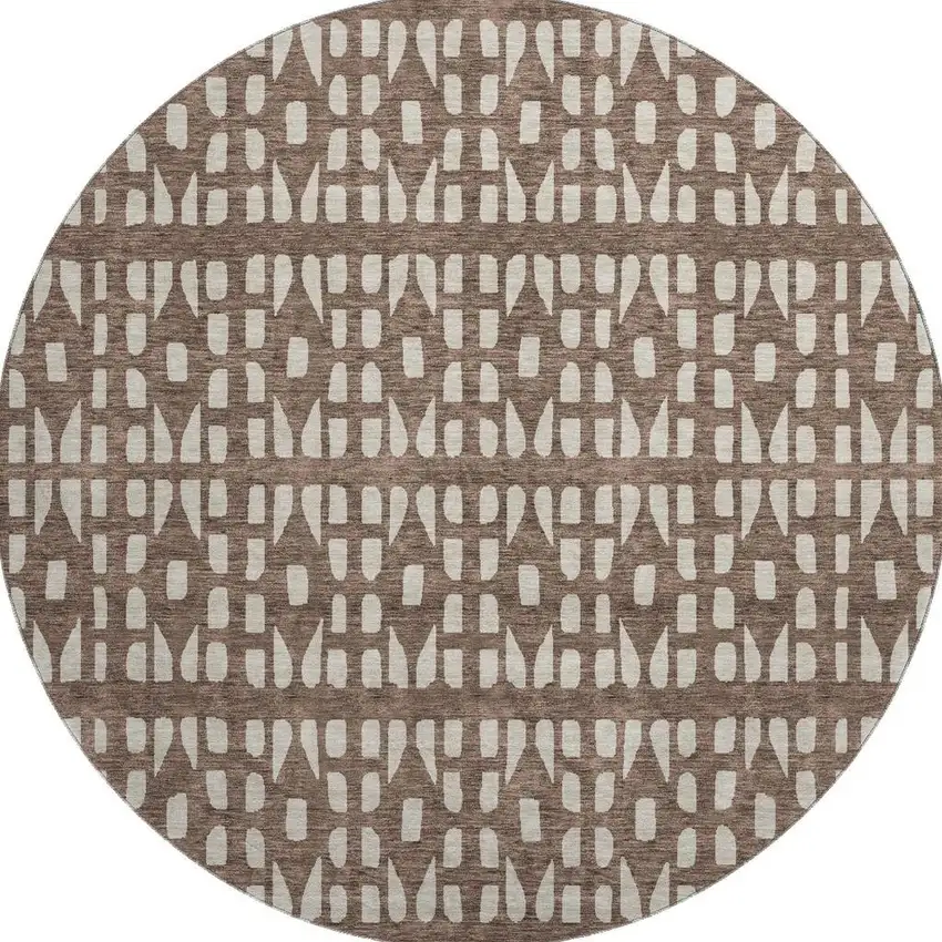 8' Brown And Ivory Geometric Washable Round Rug With UV Protection Photo 3