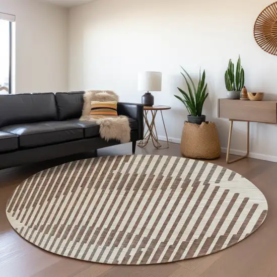 8' Brown And Ivory Geometric Washable Round Rug With UV Protection Photo 4