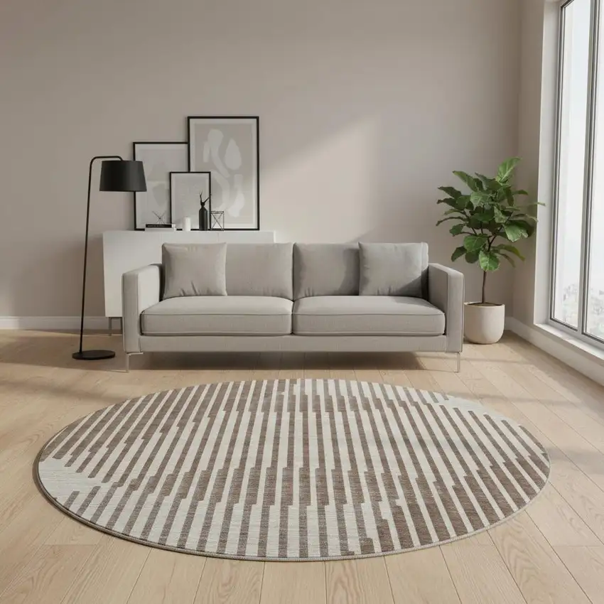 8' Brown And Ivory Geometric Washable Round Rug With UV Protection Photo 2