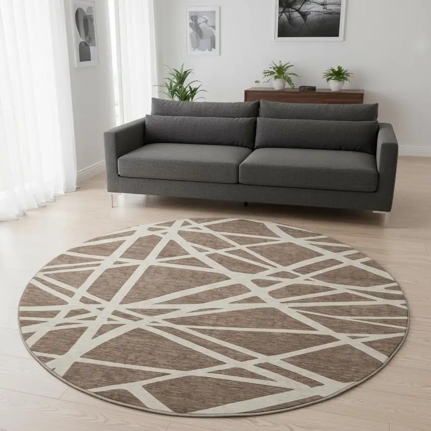 8' Brown And Ivory Geometric Washable Round Rug With UV Protection Photo 2