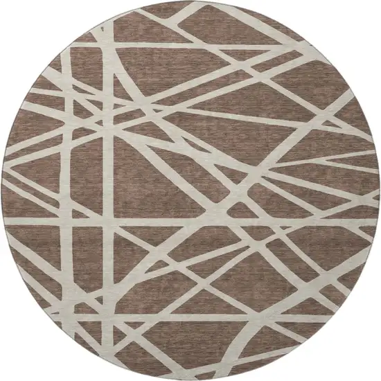 8' Brown And Ivory Geometric Washable Round Rug With UV Protection Photo 3