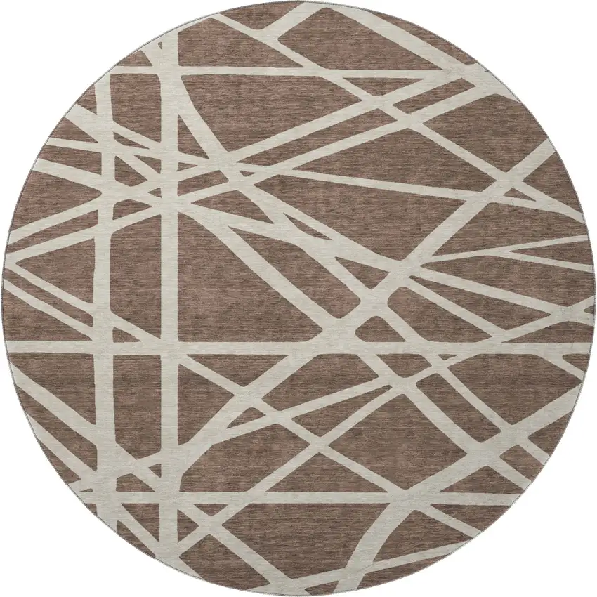 8' Brown And Ivory Geometric Washable Round Rug With UV Protection Photo 3