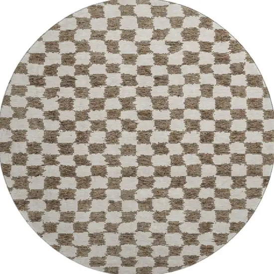 8' Brown And Ivory Geometric Washable Round Rug With UV Protection Photo 4