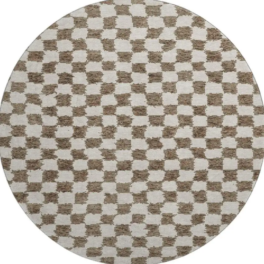 8' Brown And Ivory Geometric Washable Round Rug With UV Protection Photo 4