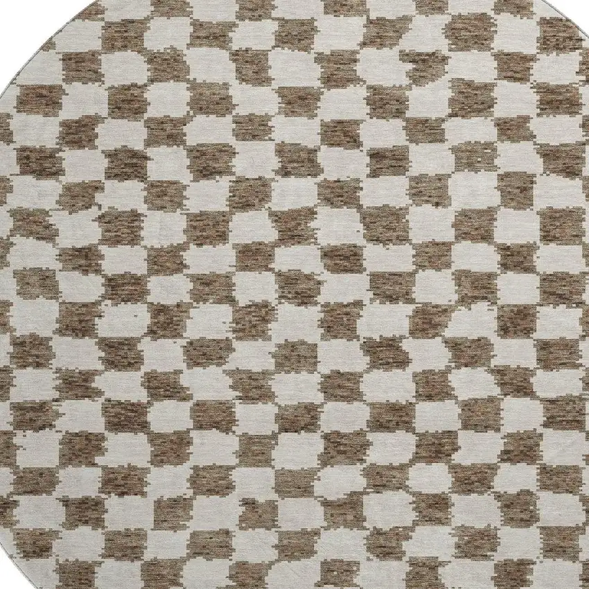 8' Brown And Ivory Geometric Washable Round Rug With UV Protection Photo 3