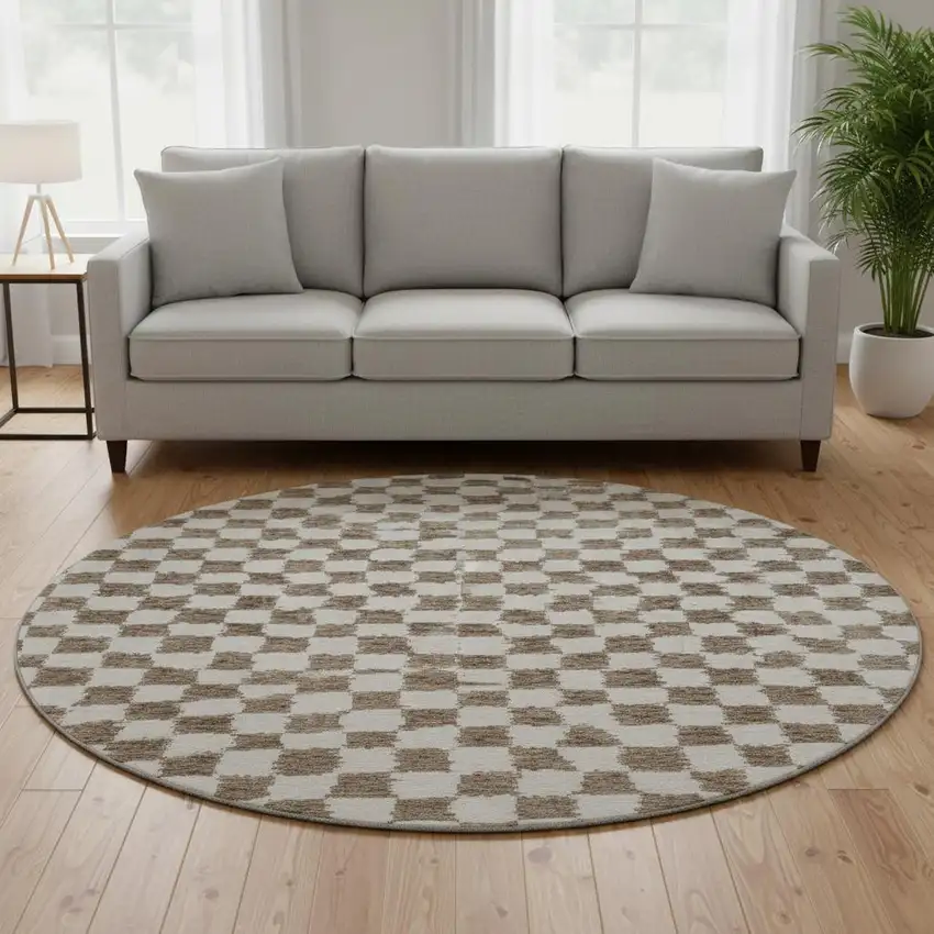 8' Brown And Ivory Geometric Washable Round Rug With UV Protection Photo 2