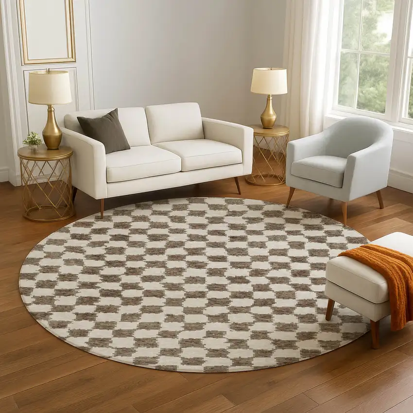 8' Brown And Ivory Geometric Washable Round Rug With UV Protection Photo 5
