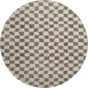 Photo of 8' Brown And Ivory Geometric Washable Round Rug With UV Protection