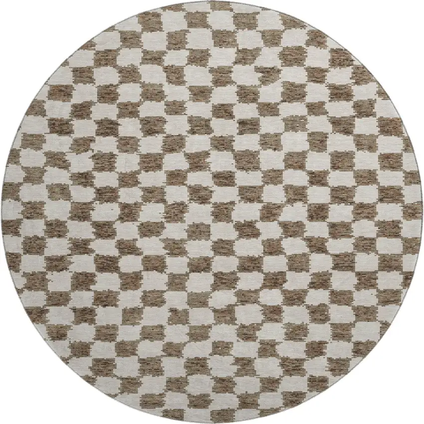 8' Brown And Ivory Geometric Washable Round Rug With UV Protection Photo 1