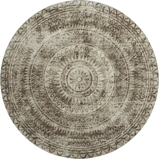 8' Brown And Ivory Medallion Washable Round Rug With UV Protection Photo 2