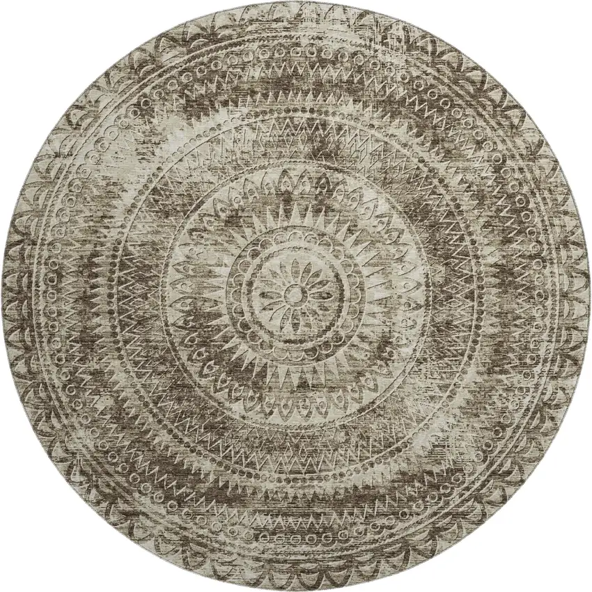 8' Brown And Ivory Medallion Washable Round Rug With UV Protection Photo 2