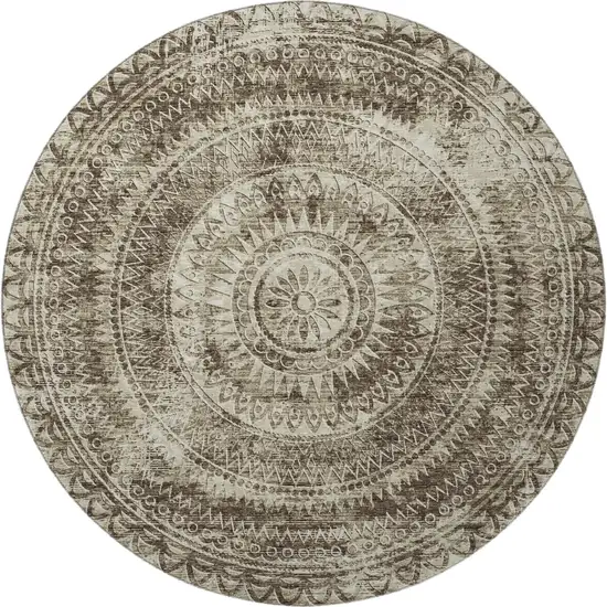 8' Brown And Ivory Medallion Washable Round Rug With UV Protection Photo 4