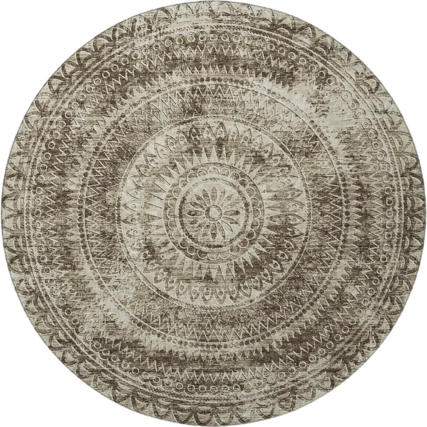 8' Brown And Ivory Medallion Washable Round Rug With UV Protection Photo 4