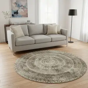Photo of 8' Brown And Ivory Medallion Washable Round Rug With UV Protection