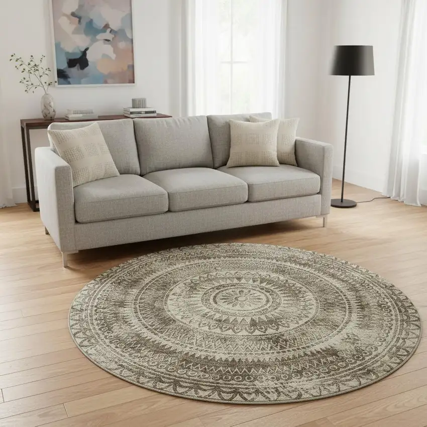8' Brown And Ivory Medallion Washable Round Rug With UV Protection Photo 1