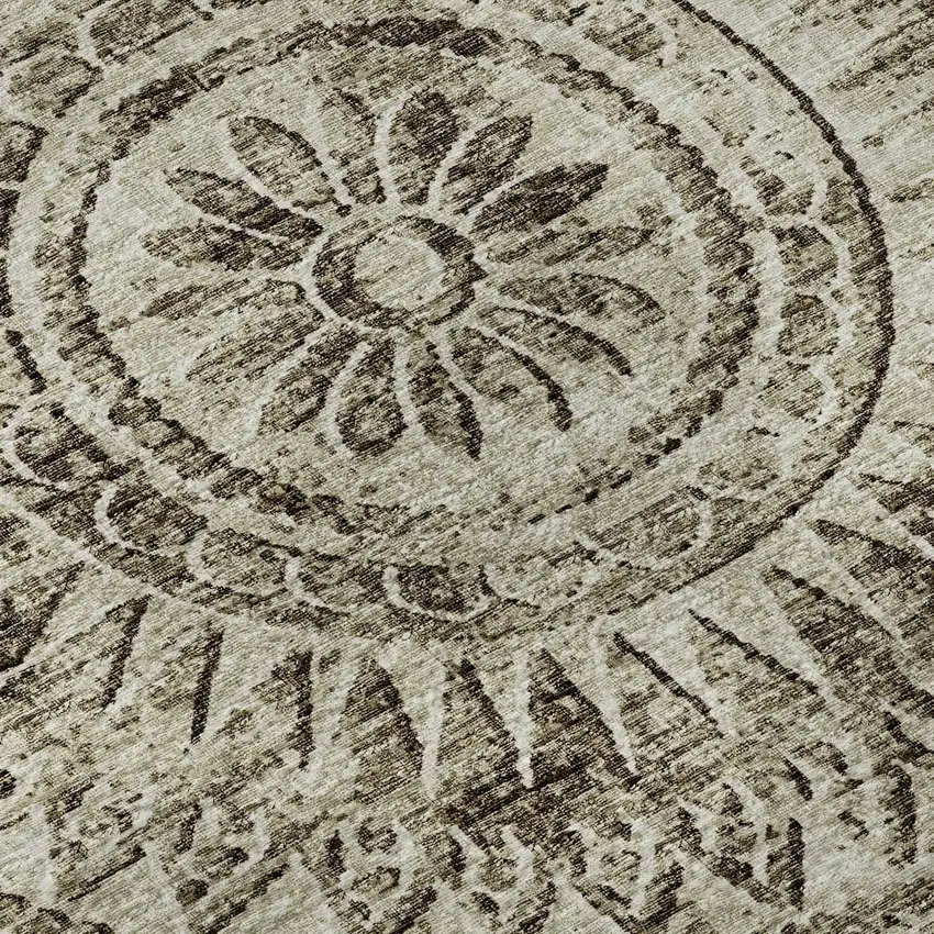 8' Brown And Ivory Medallion Washable Round Rug With UV Protection Photo 9