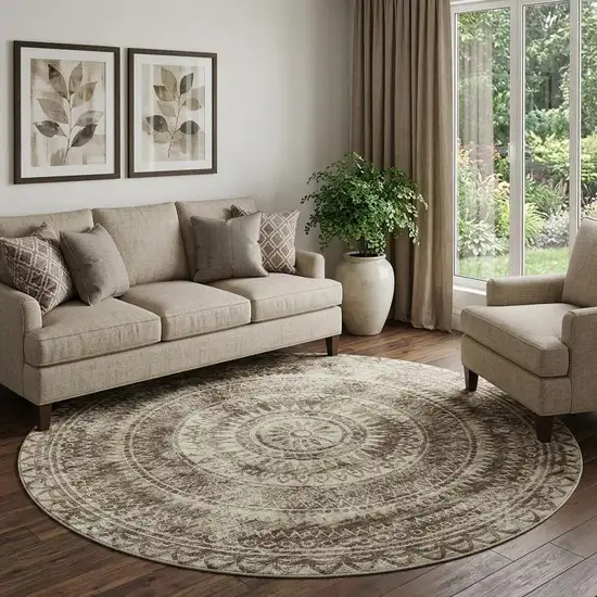 8' Brown And Ivory Medallion Washable Round Rug With UV Protection Photo 1