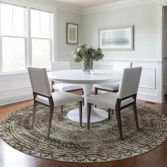 8' Brown And Ivory Medallion Washable Round Rug With UV Protection Photo 5