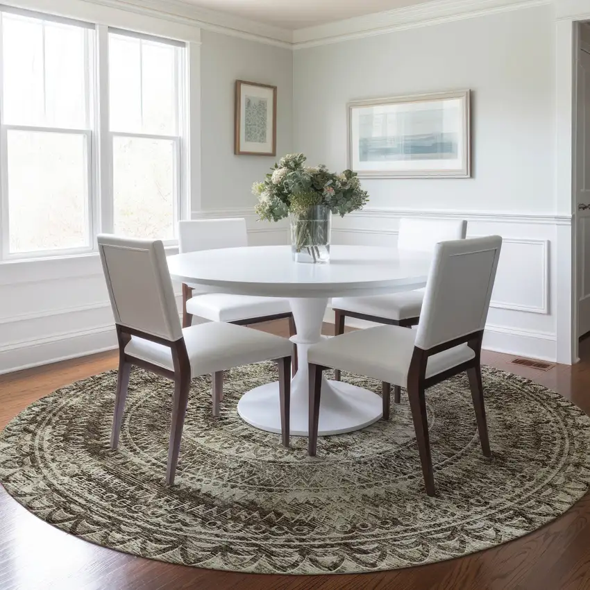 8' Brown And Ivory Medallion Washable Round Rug With UV Protection Photo 5