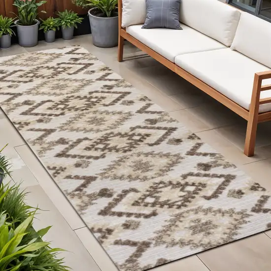 8' Brown And Ivory Moroccan Indoor Outdoor Runner Rug Photo 1