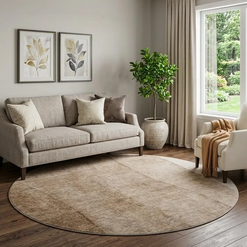 8' Brown And Ivory Ombre Washable Round Rug With UV Protection Photo 1