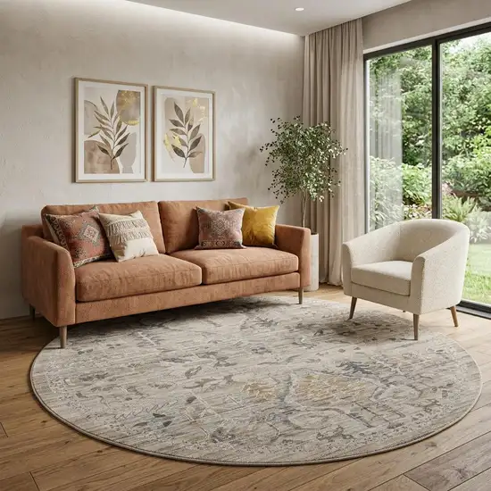 8' Brown And Ivory Oriental Round Rug Photo 1