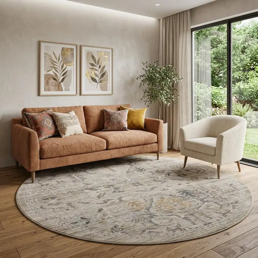 8' Brown And Ivory Oriental Round Rug Photo 1