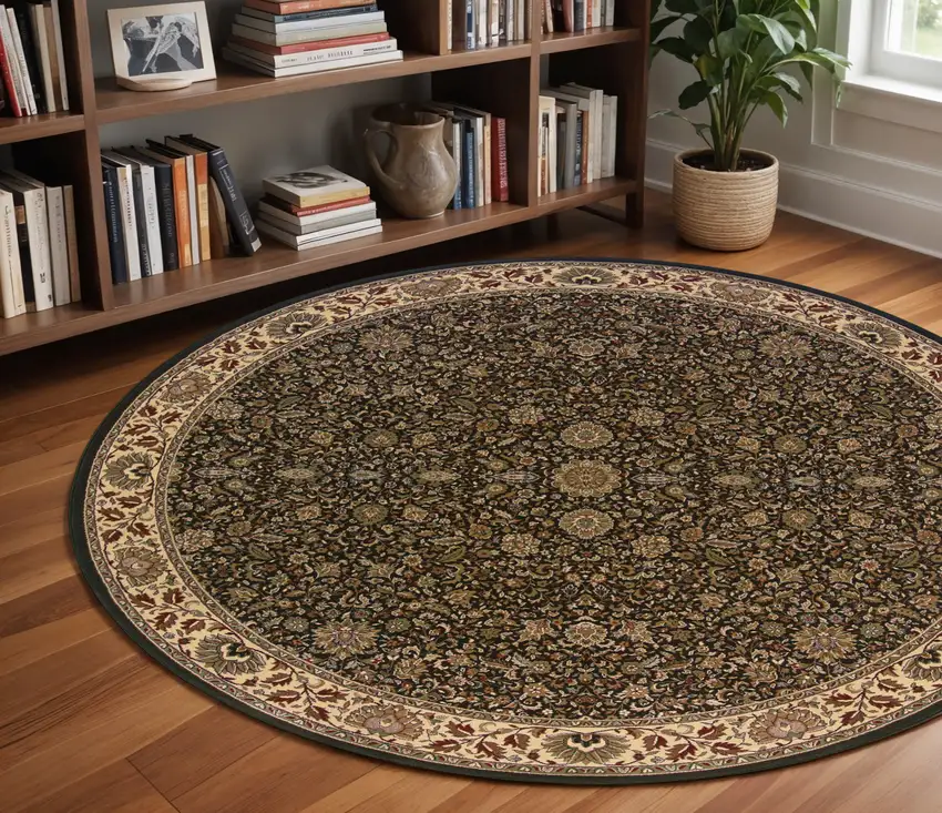 8' Brown And Ivory Oriental Round Rug Photo 1