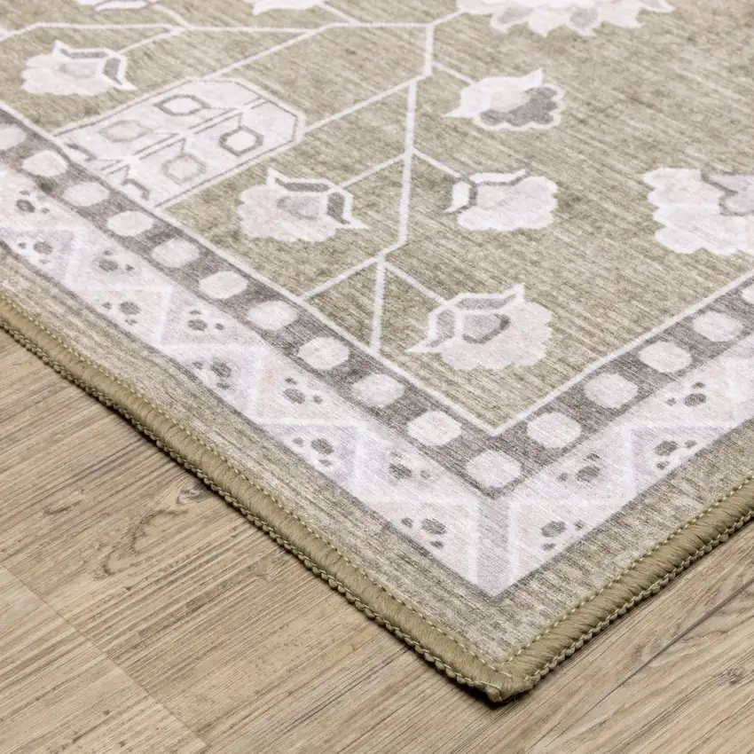 7' Brown And Ivory Oriental Washable Runner Rug Photo 5