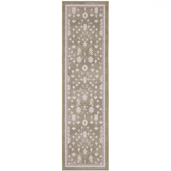 7' Brown And Ivory Oriental Washable Runner Rug Photo 2