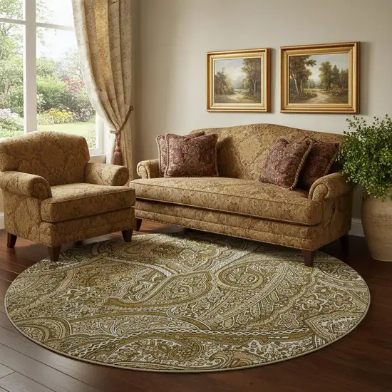 8' Brown And Ivory Paisley Washable Round Rug With UV Protection Photo 1