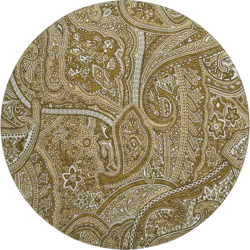 8' Brown And Ivory Paisley Washable Round Rug With UV Protection Photo 1
