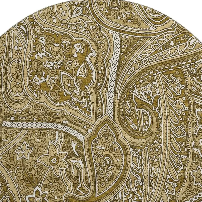8' Brown And Ivory Paisley Washable Round Rug With UV Protection Photo 4