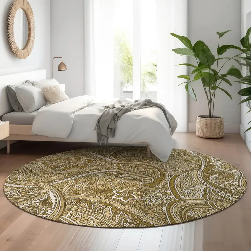 8' Brown And Ivory Paisley Washable Round Rug With UV Protection Photo 5