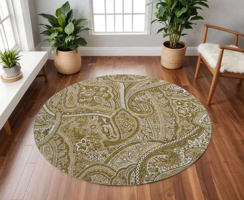 8' Brown And Ivory Paisley Washable Round Rug With UV Protection Photo 2