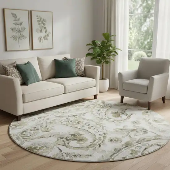 8' Brown And Ivory Paisley Washable Round Rug With UV Protection Photo 2