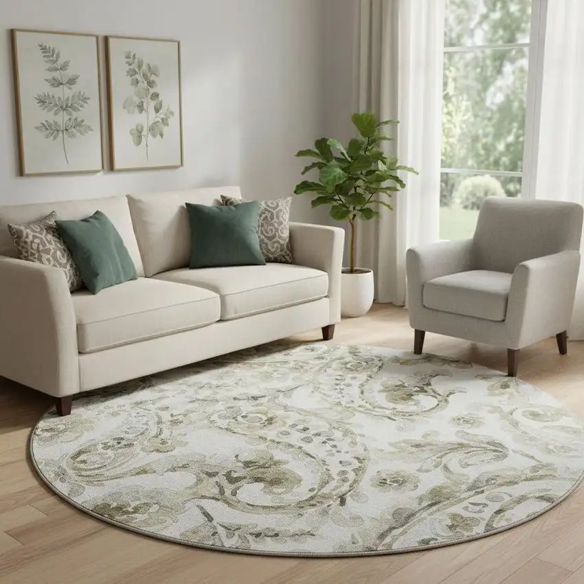 8' Brown And Ivory Paisley Washable Round Rug With UV Protection Photo 2