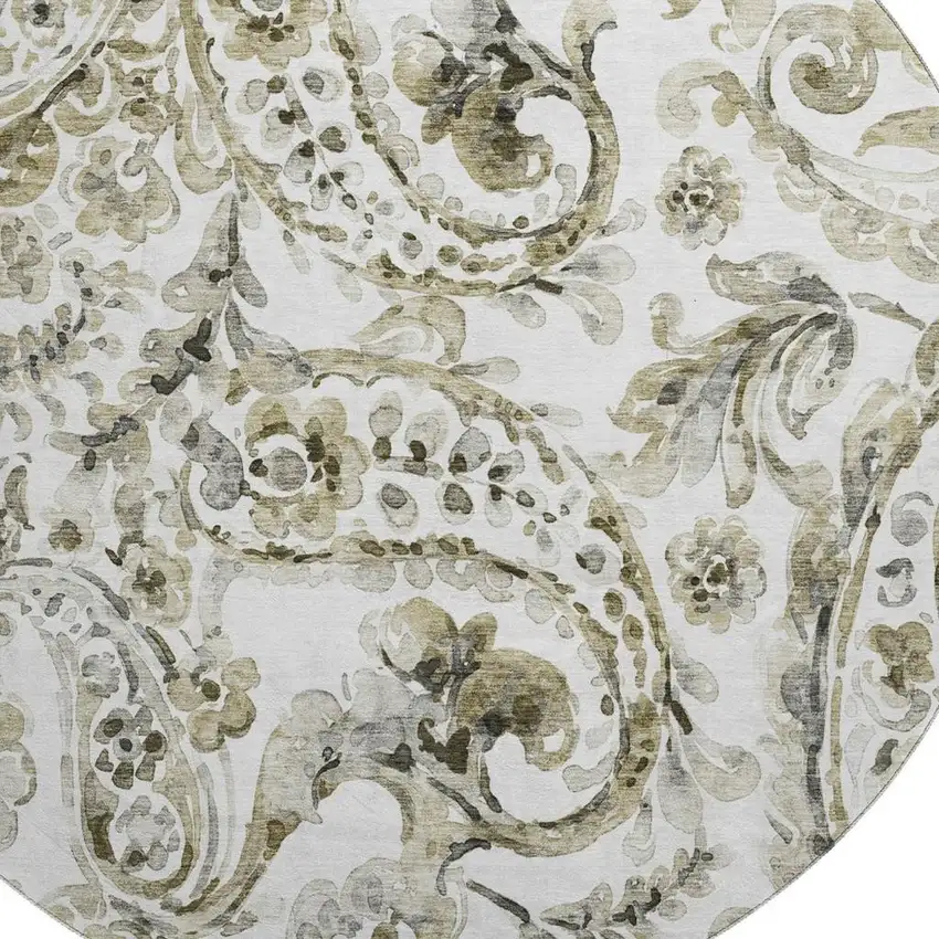 8' Brown And Ivory Paisley Washable Round Rug With UV Protection Photo 3