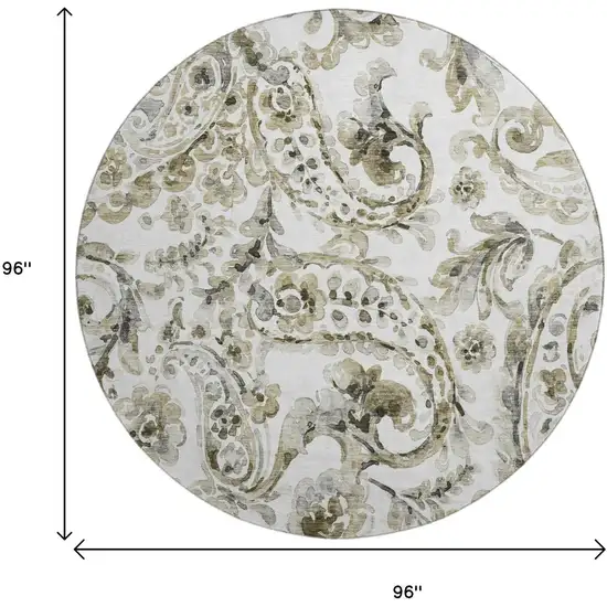 8' Brown And Ivory Paisley Washable Round Rug With UV Protection Photo 8