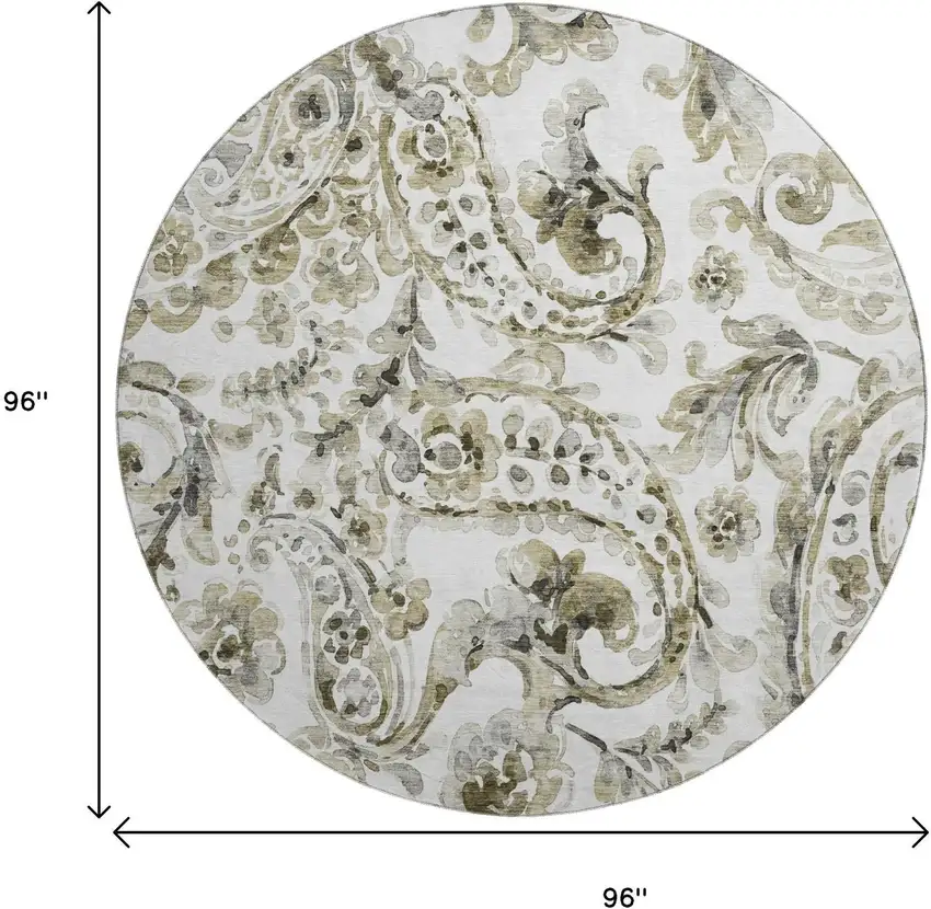 8' Brown And Ivory Paisley Washable Round Rug With UV Protection Photo 8